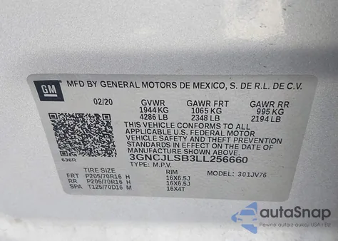 2020 Chevrolet Trax Fwd Lt from USA, damaged, VIN 3GNCJLSB3LL256660